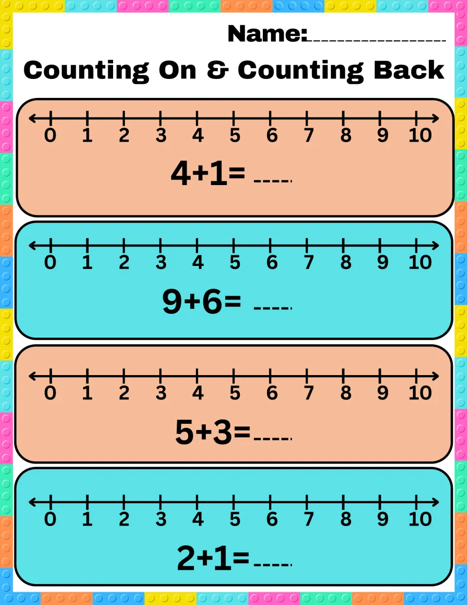 Number line addition: students count on to answer 4+1, 9+6, 5+3 and 2+1, recording each sum on a blank after the equals