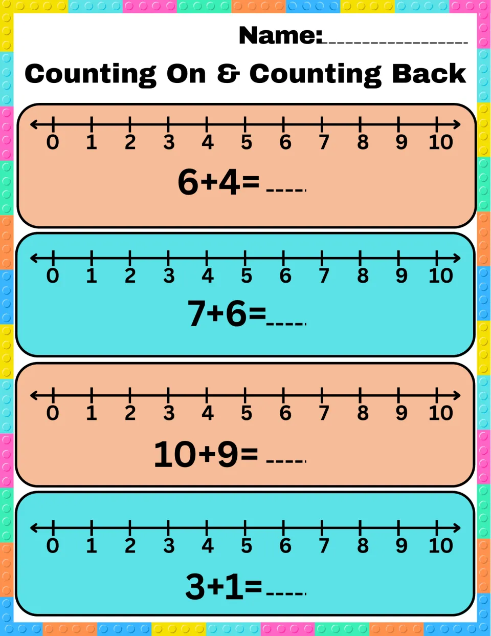 Counting on practice: students jump forward on 0-10 number lines to solve 6+4, 7+6, 10+9 and 3+1 and write the answers