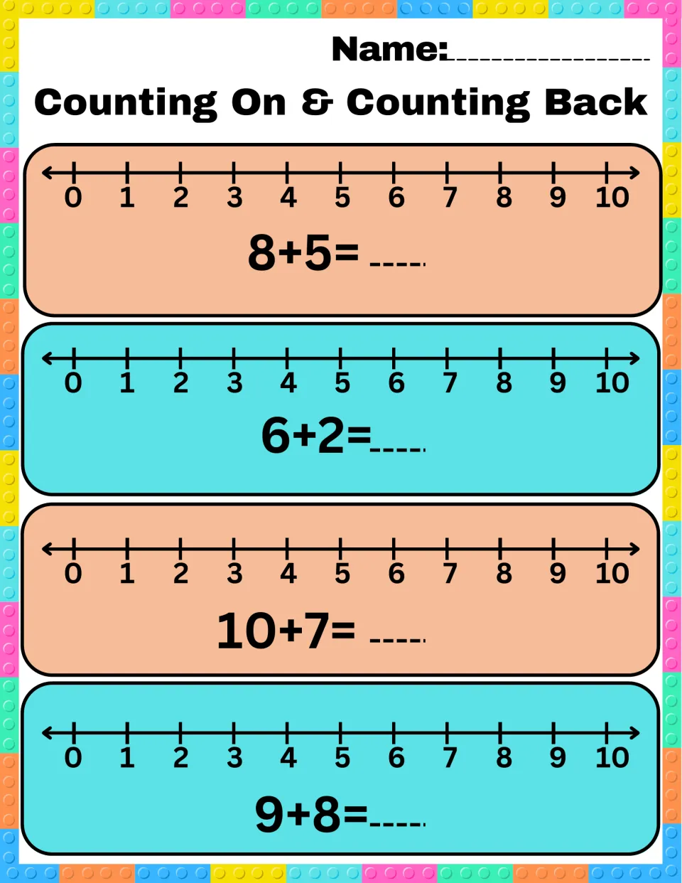Adding with a number line: students count on from the first number to solve 8+5, 6+2, 10+7 and 9+8