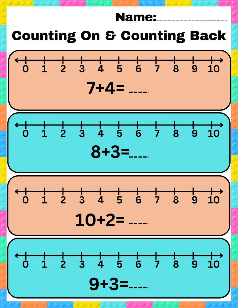 Counting on along 0-10 number lines: students solve 7+4, 8+3, 10+2 and 9+3 and write each total on the answer blank