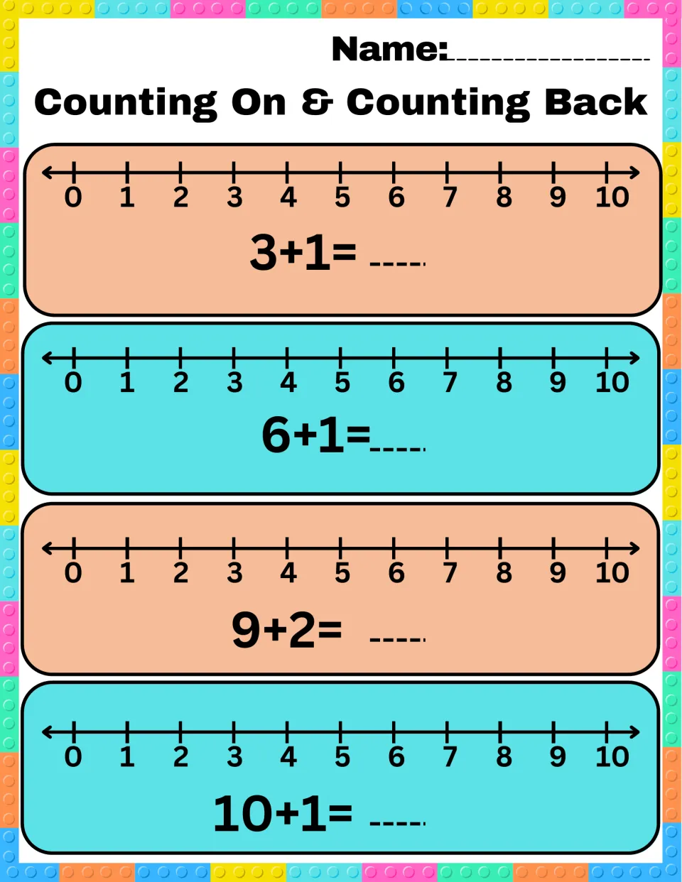 Adding one or two by counting on: students use 0-10 number lines to solve 3+1, 6+1, 9+2 and 10+1 and record sums