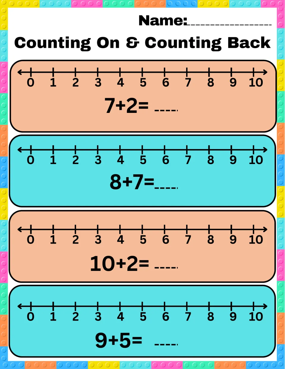 Counting on review: students solve 7+2, 8+7, 10+2 and 9+5 by jumping forward on 0-10 number lines and writing sums
