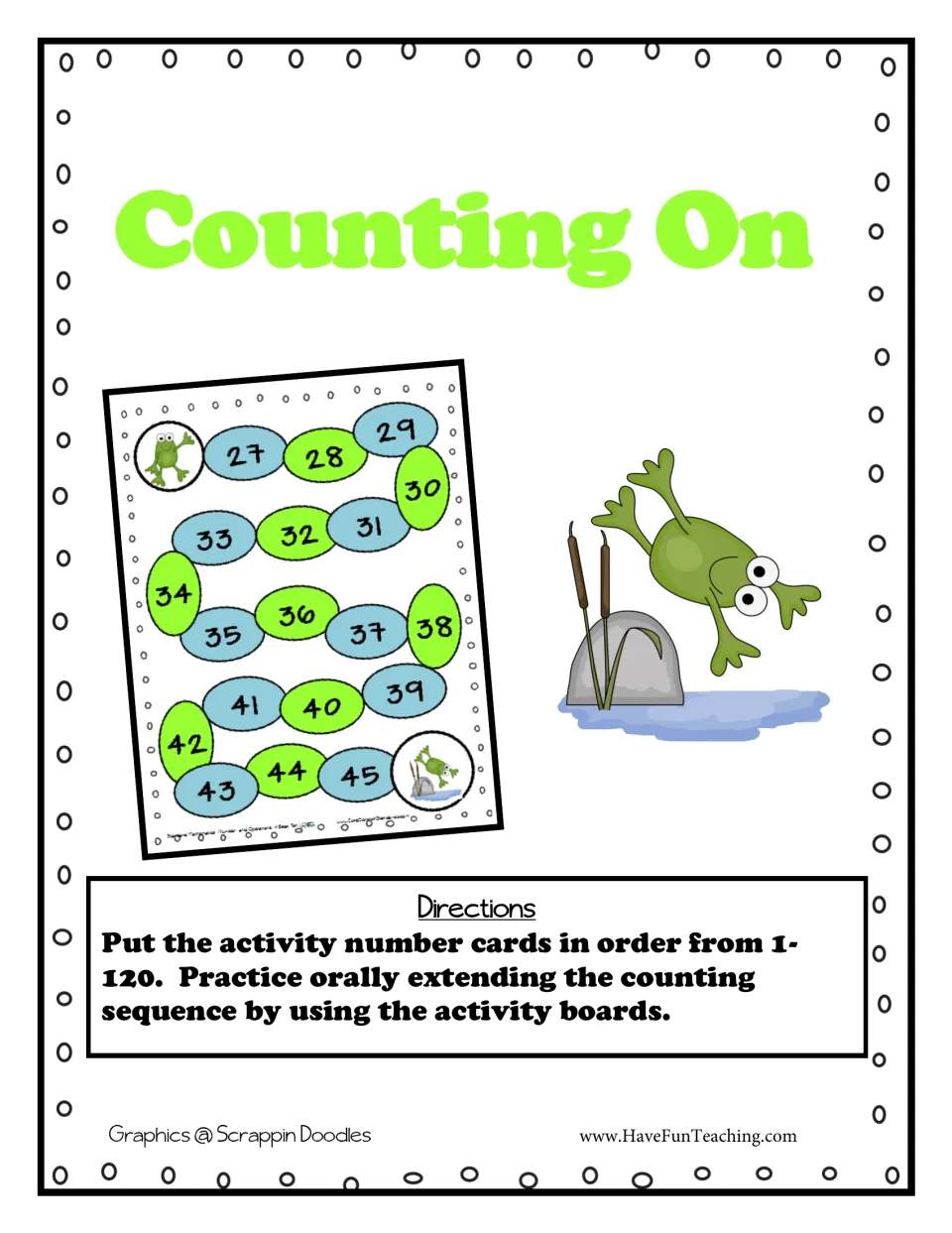 Counting On cover: directions to order number cards from 1 to 120, shown with a frog board counting from 27 to 45