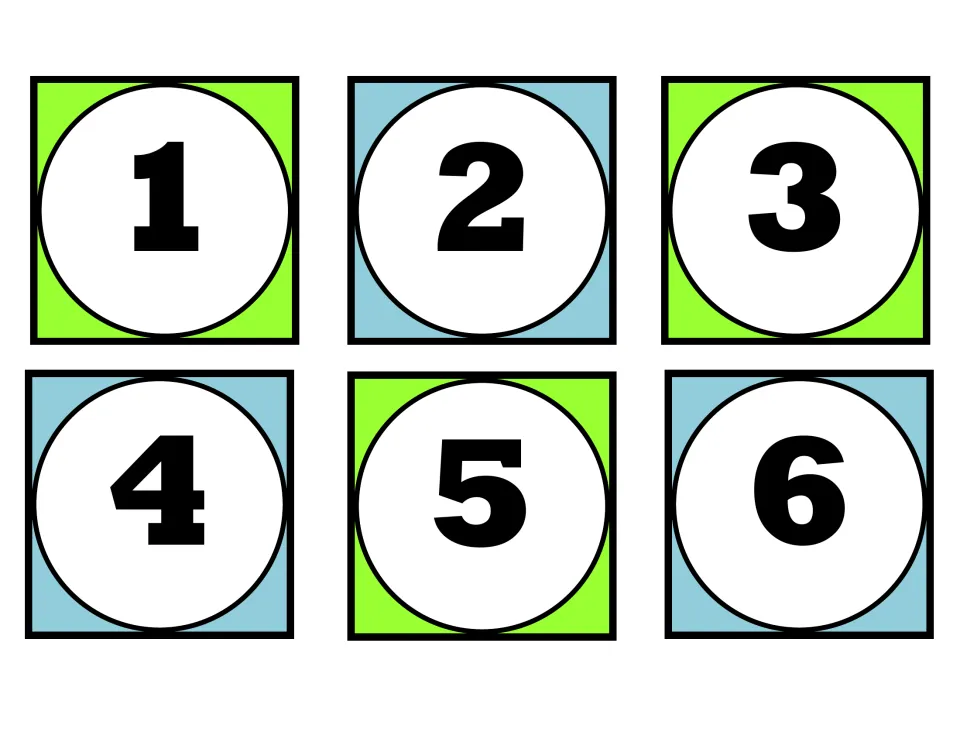 Number cards 1 to 6: six green and blue numeral cards that students put in order as the first set in counting to 120