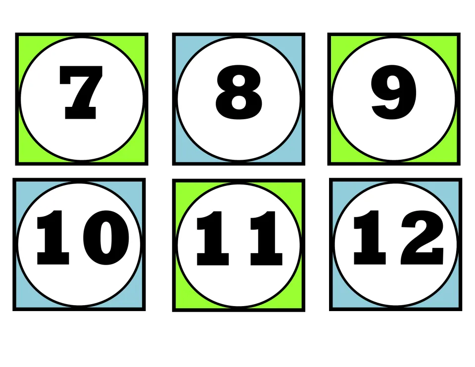 Number cards 7 to 12: six numeral cards students sequence, moving from single digits to two-digit numbers at 10