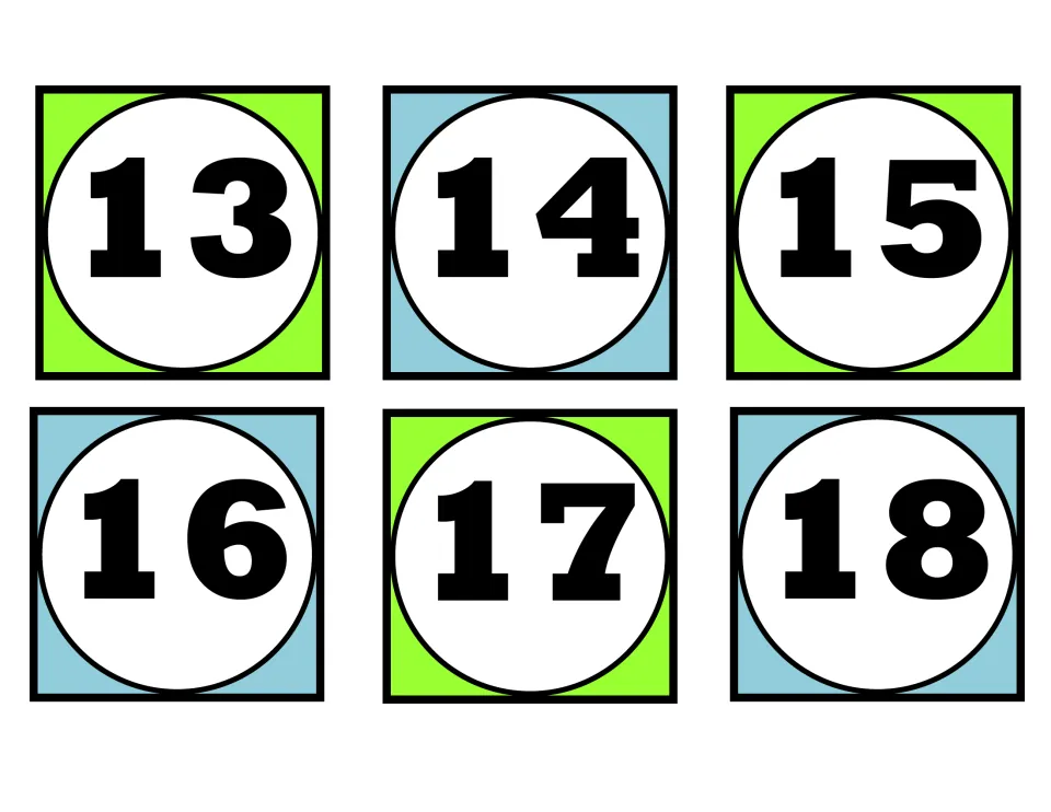 Number cards 13 to 18: teen numerals for students to order and count on from, one numeral per card