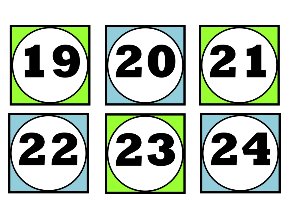 Number cards 19 to 24: students place these numerals in sequence and count on across the 20 decade change