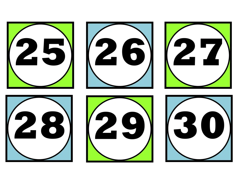 Number cards 25 to 30: six numerals for ordering and oral counting on, ending at the decade number 30