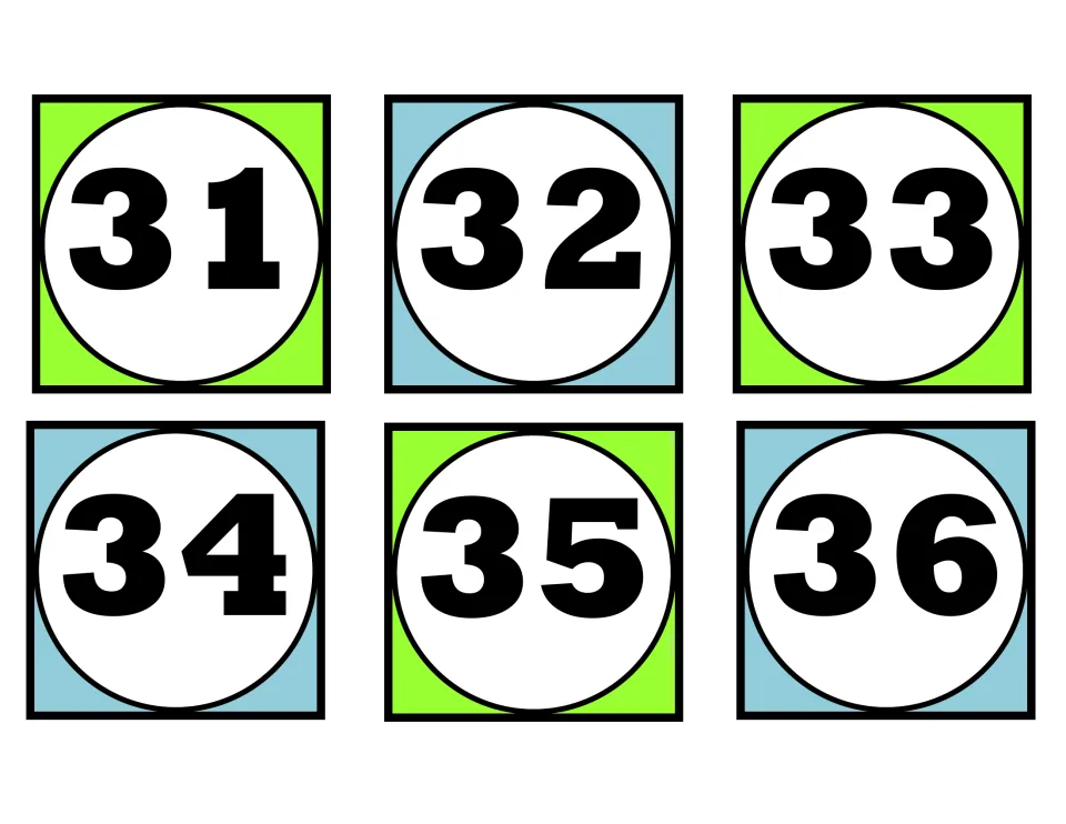 Number cards 31 to 36: students arrange these numerals in order and say the next number aloud for each one