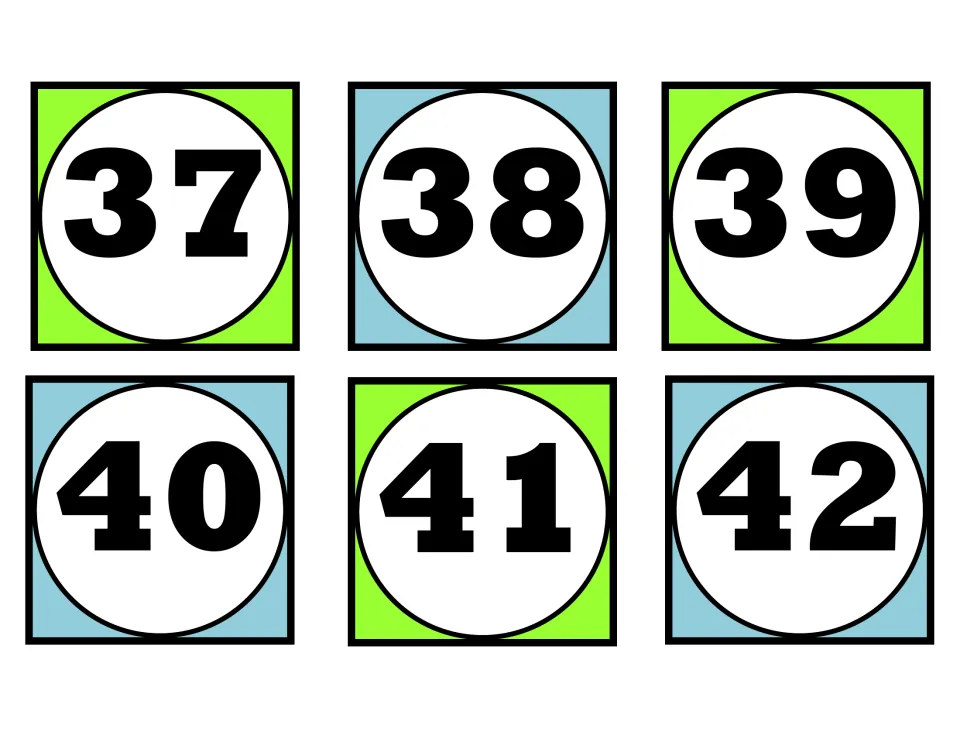 Number cards 37 to 42: numerals for sequencing that cross the 40 decade, so students count on from 39 to 40