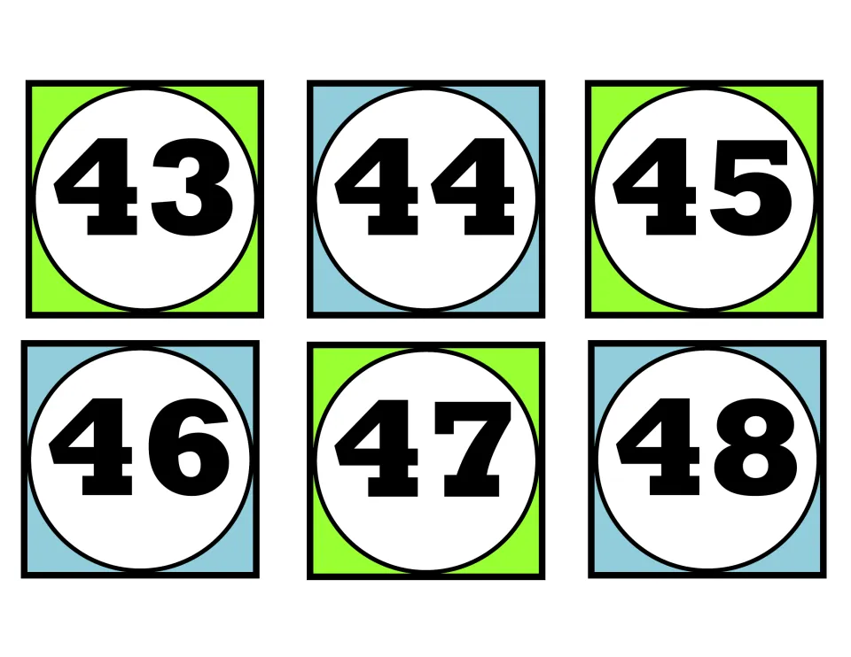 Number cards 43 to 48: six numerals in the forties for students to put in order and count forward from aloud
