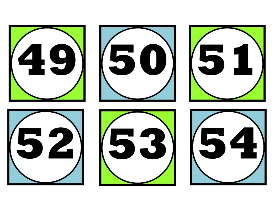 Number cards 49 to 54: students order these numerals and count on through the change from 49 to the fifties
