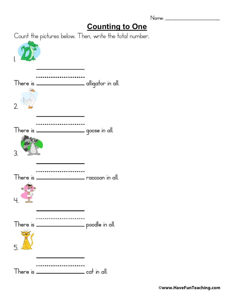 Counting to One: students count a single alligator, goose, raccoon, poodle and cat, then write the total in each sentence