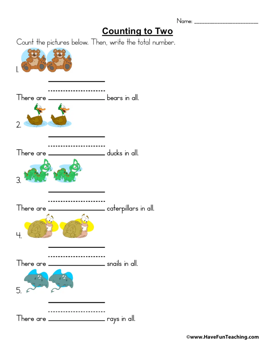 Counting to Two: students count pairs of bears, ducks, caterpillars, snails and rays and write how many are in all