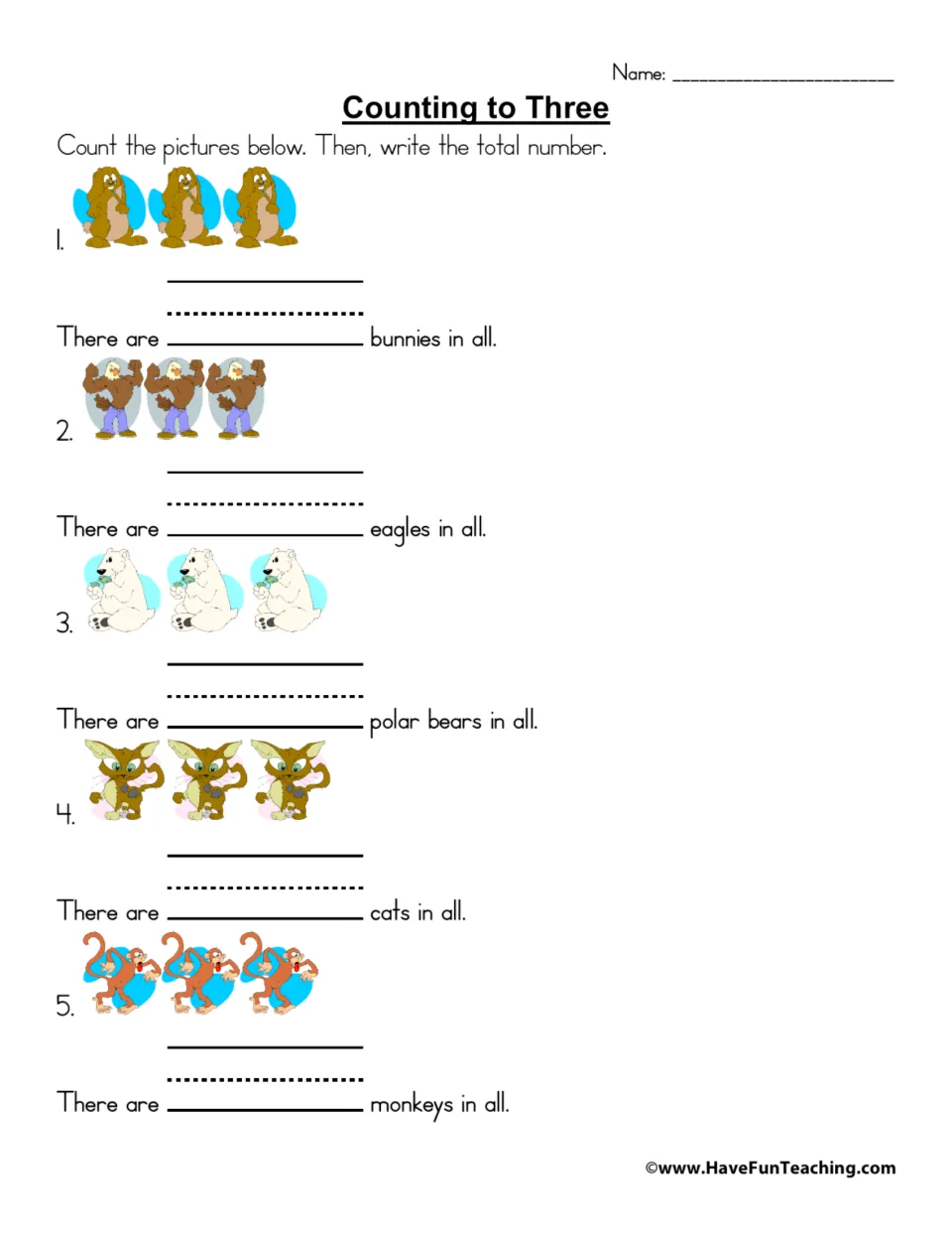 Counting to Three: students count groups of bunnies, eagles, polar bears, cats and monkeys and write each total