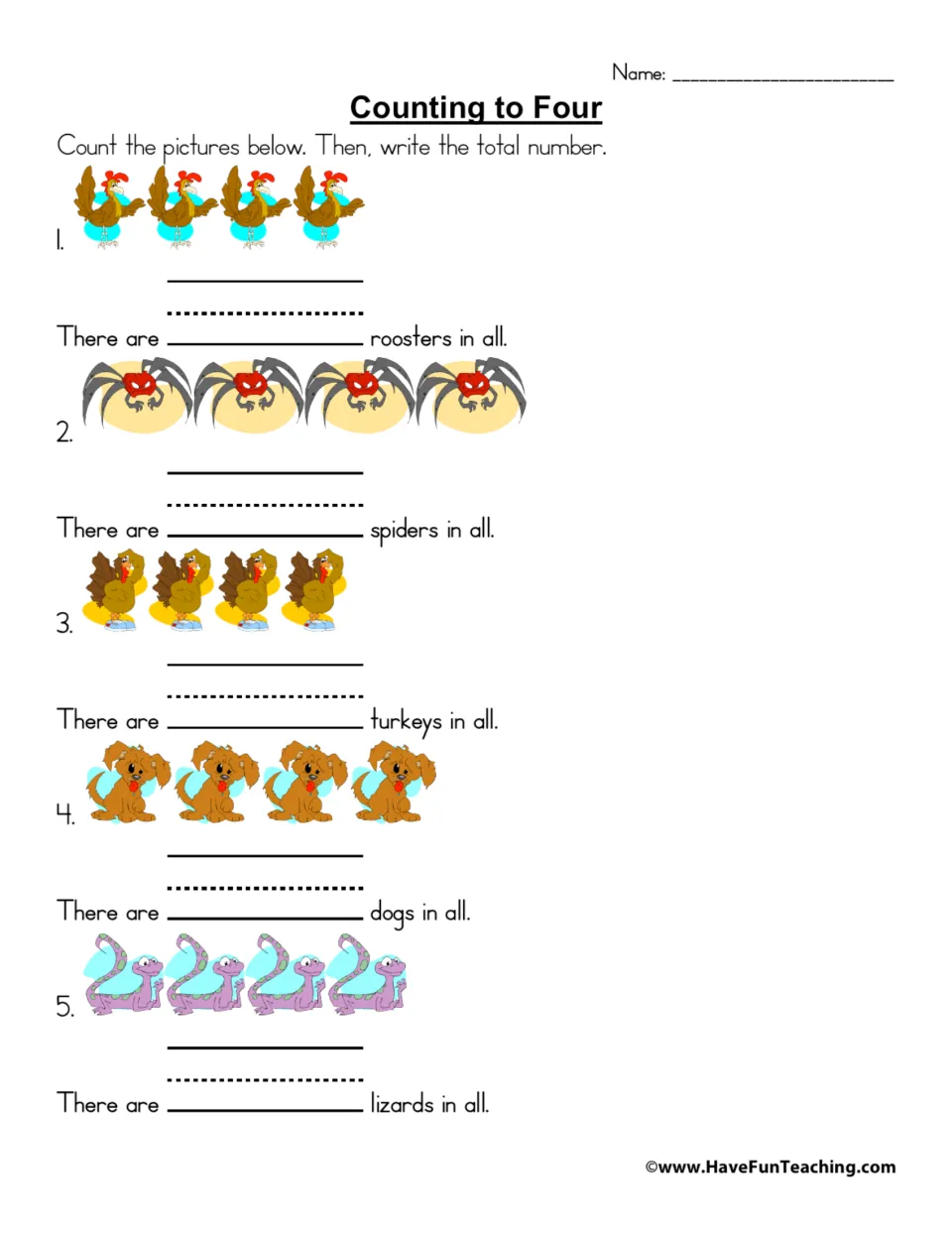 Counting to Four: students count rows of roosters, spiders, turkeys, dogs and lizards, then fill in each number sentence