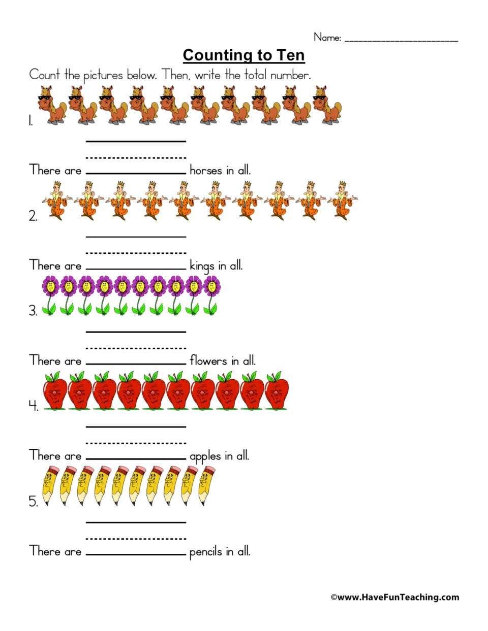 Counting to Ten: students count horses, kings, flowers, apples and pencils in rows of ten and write the number in all