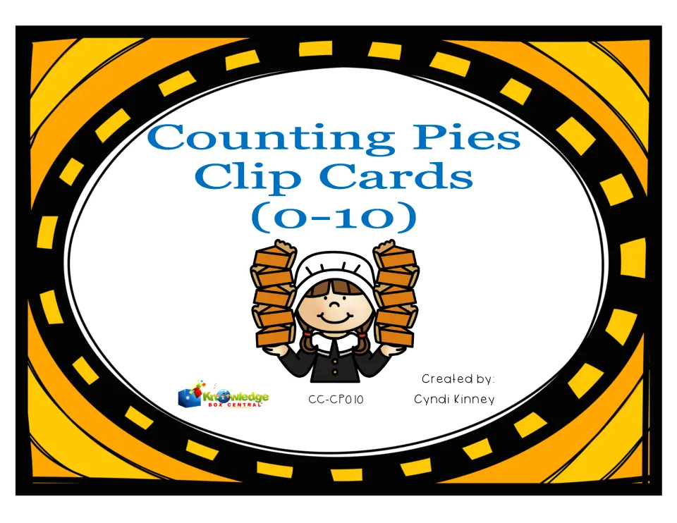 Counting Pies Clip Cards (0-10) cover: a pilgrim girl holding two tall stacks of pies, by Cyndi Kinney