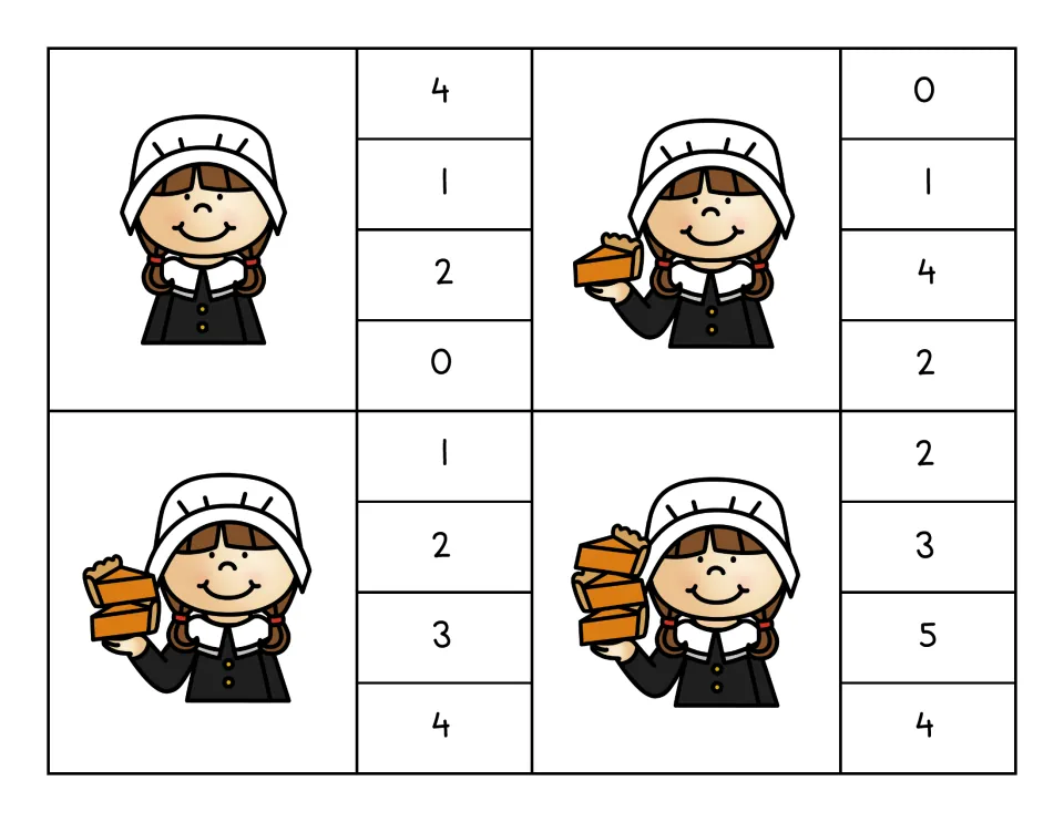 Clip cards 1–4: a pilgrim holding 0, 1, 2 and 3 pies, each with four number choices to clip