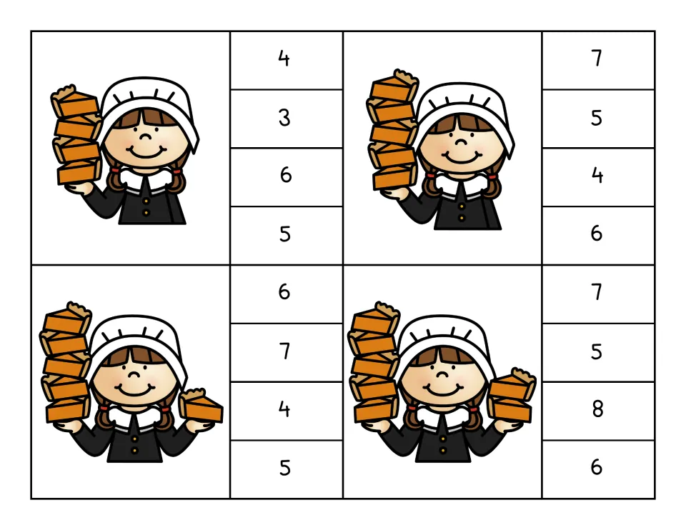Clip cards 5–8: the pilgrim holding 4, 5, 6 and 7 pies, with number choices from 3 to 8 to clip
