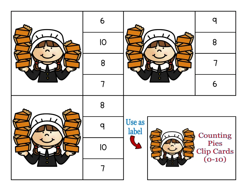 Clip cards 9–11: the pilgrim holding 8, 9 and 10 pies, plus a title card marked 'Use as label' for the storage box