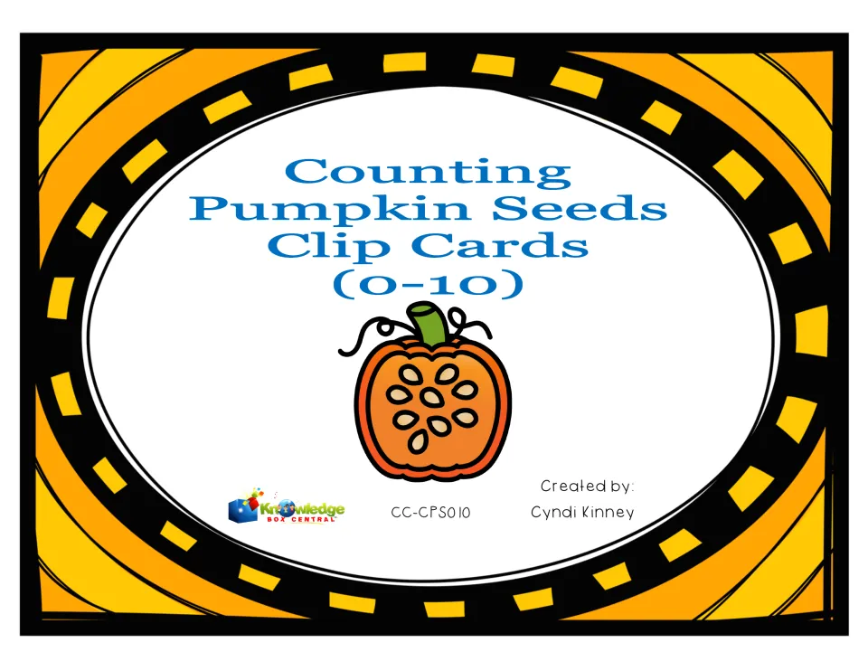 Cover of Counting Pumpkin Seeds Clip Cards (0–10), identifying Cyndi Kinney as the resource creator