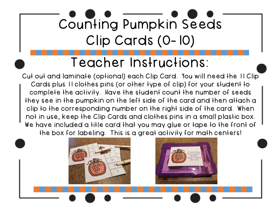 Teacher instructions for preparing 11 counting clip cards, matching seed counts, and storing cards and clips