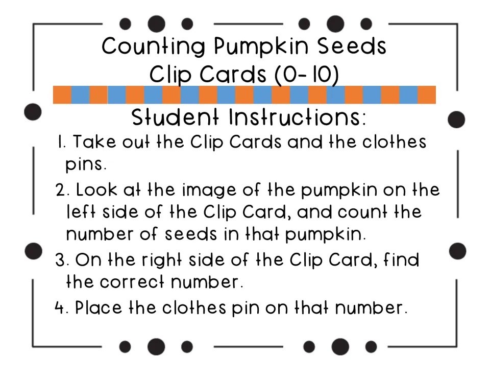 Student instructions: count the seeds in each pumpkin, find the matching number, and attach a clothespin