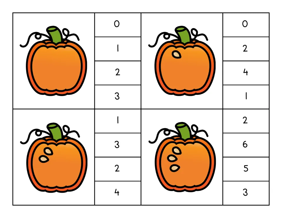 Pumpkin seed counting clip cards for 0, 1, 2, and 3, each offering four number choices for a clothespin