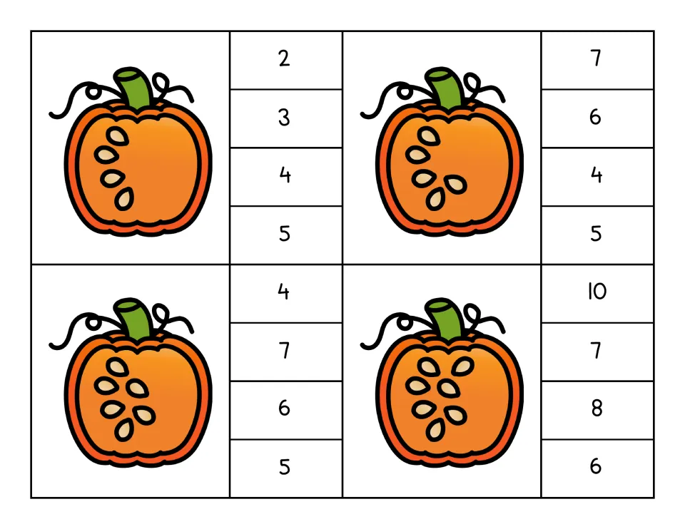 Pumpkin seed counting clip cards for 4, 5, 6, and 7, each offering four number choices for a clothespin