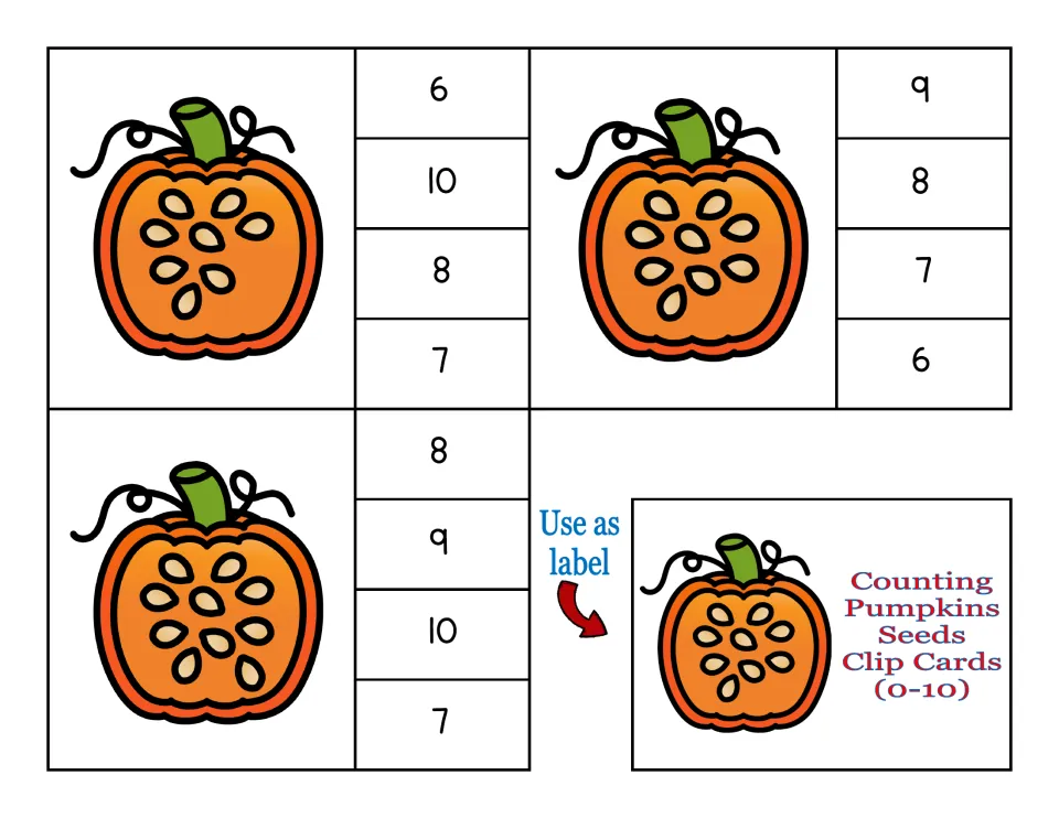 Final pumpkin seed counting clip cards for 8, 9, and 10, plus a title label for the set's storage box