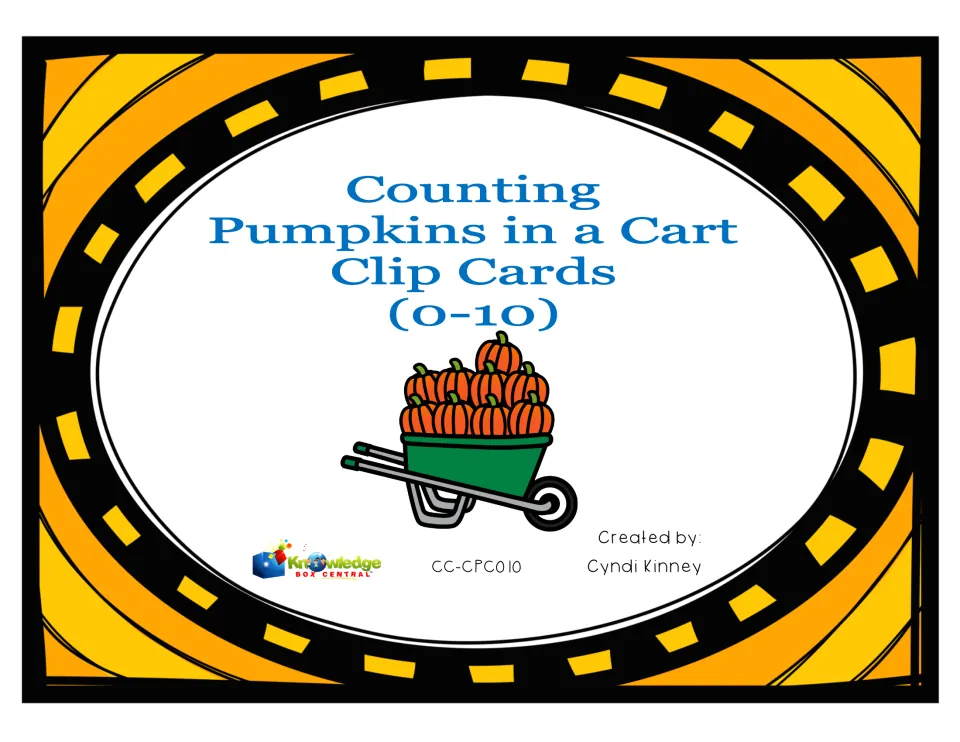 Cover of Counting Pumpkins in a Cart Clip Cards (0–10), showing a pumpkin-filled cart and naming Cyndi Kinney