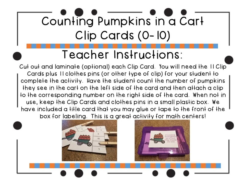 Teacher instructions for preparing 11 pumpkin clip cards, using clothespins, and labeling a storage box