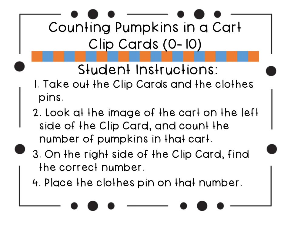 Student instructions: count the pumpkins in each cart, find the matching number, and attach a clothespin