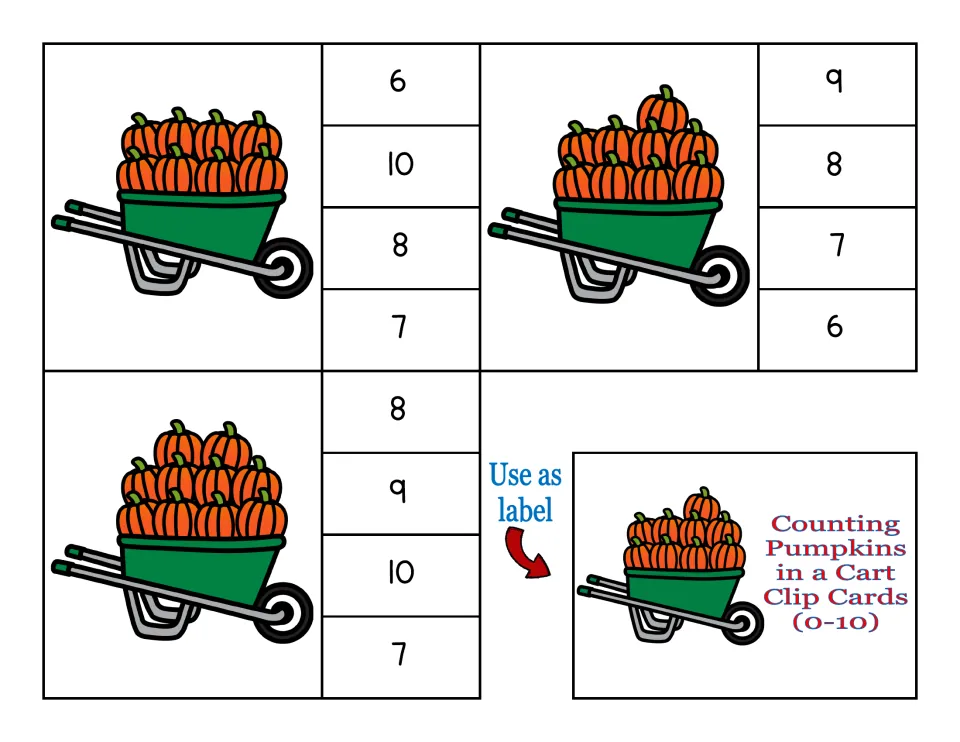 Pumpkin counting clip cards for 8, 9, and 10, with four numeral choices each and a storage box title label