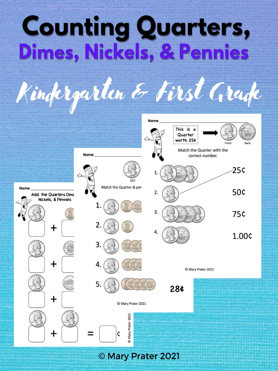 Cover for counting quarters, dimes, nickels and pennies, previewing coin matching and coin addition worksheets