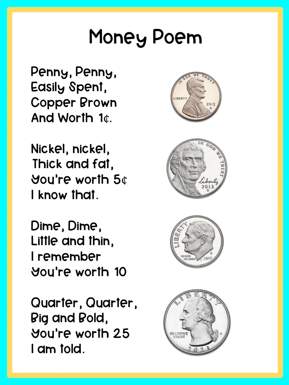 Money Poem: four verses naming the penny 1¢, nickel 5¢, dime 10¢ and quarter 25¢, each beside a photo of the coin