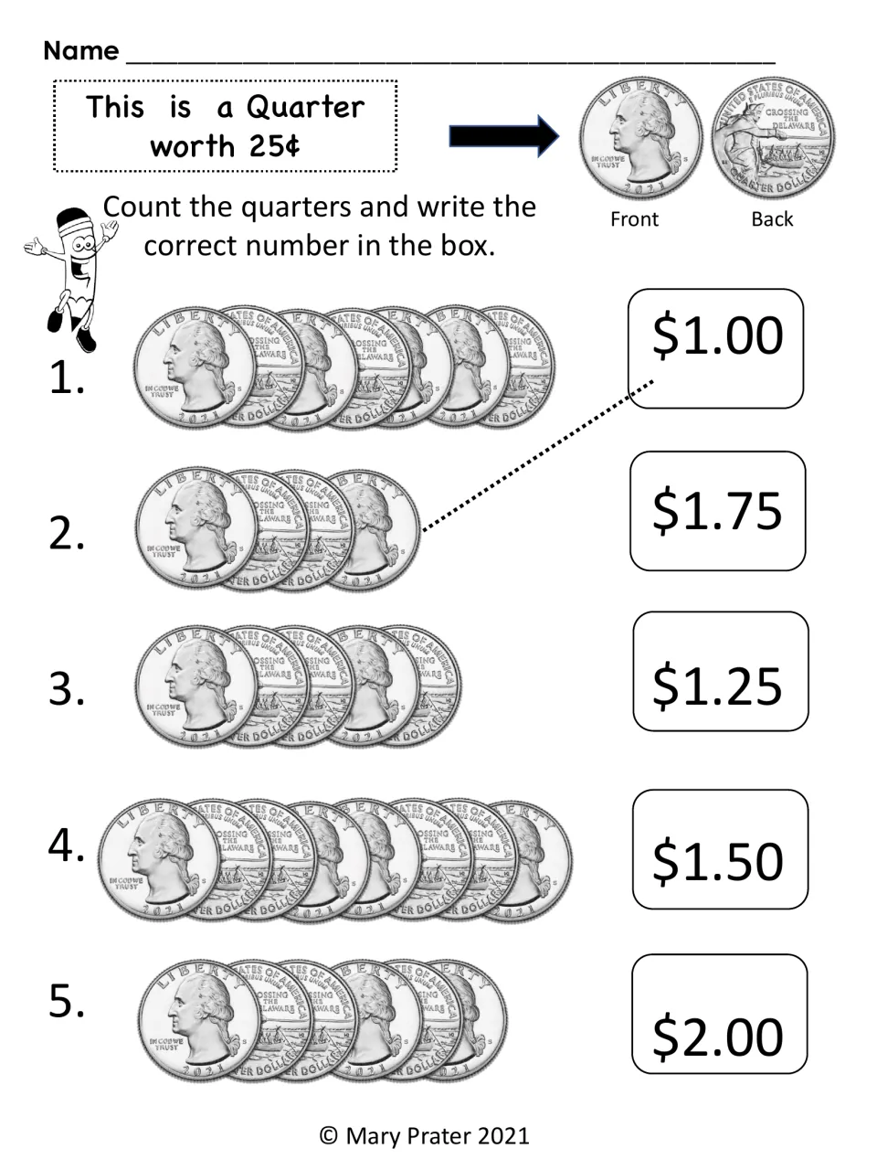 Counting quarters to $2.00: students count each row of quarters and match it to $1.00, $1.25, $1.50, $1.75 or $2.00