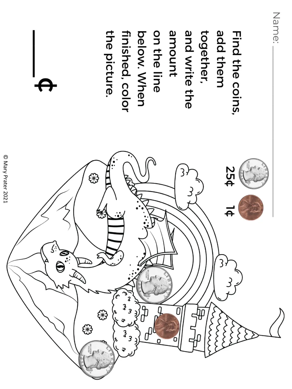 Dragon and castle coloring page: students find the quarters and pennies hidden in the picture, add them and write the cents