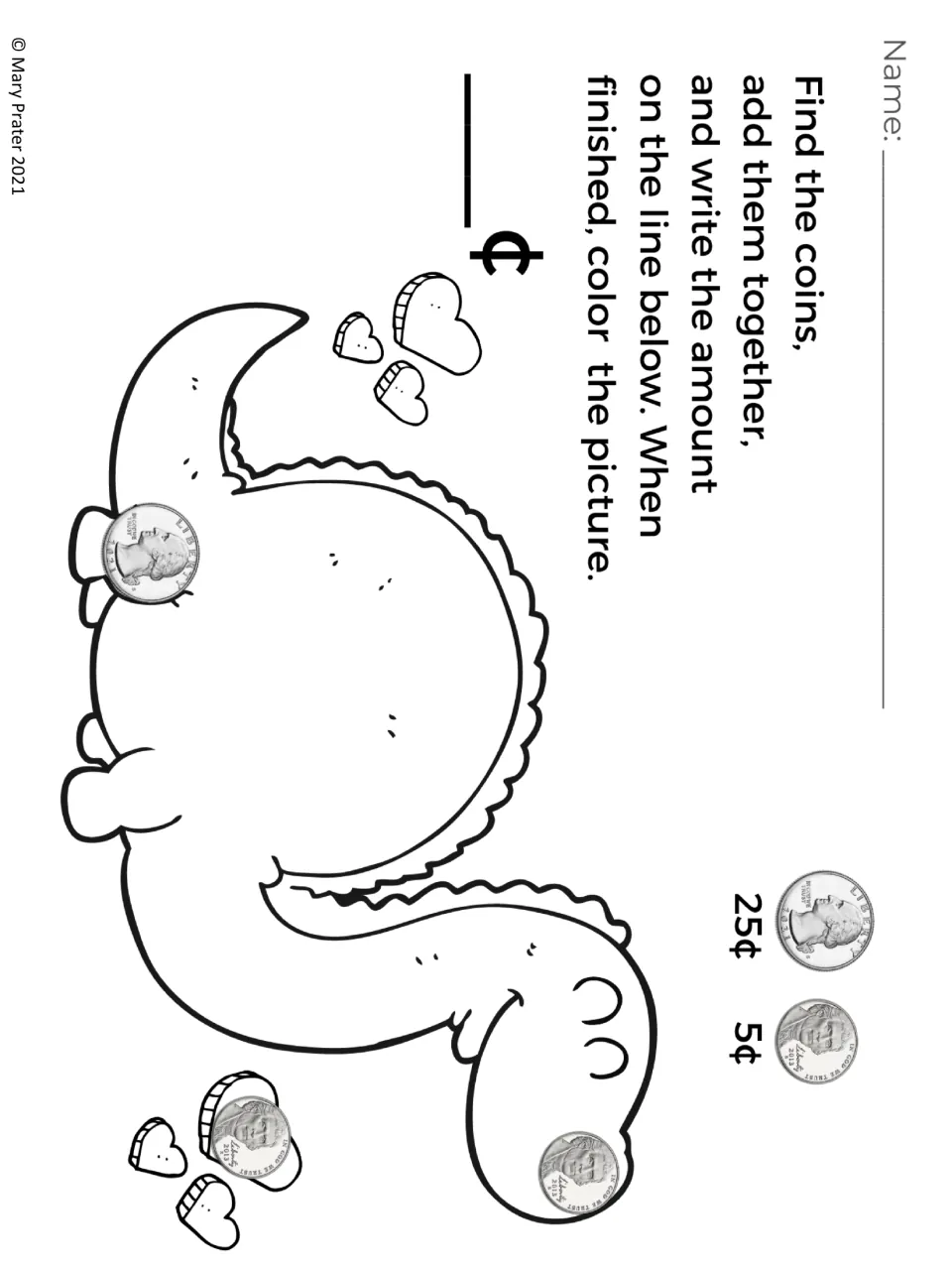 Dinosaur coloring page: students find a quarter and nickels hidden in the picture, add their values and write the total
