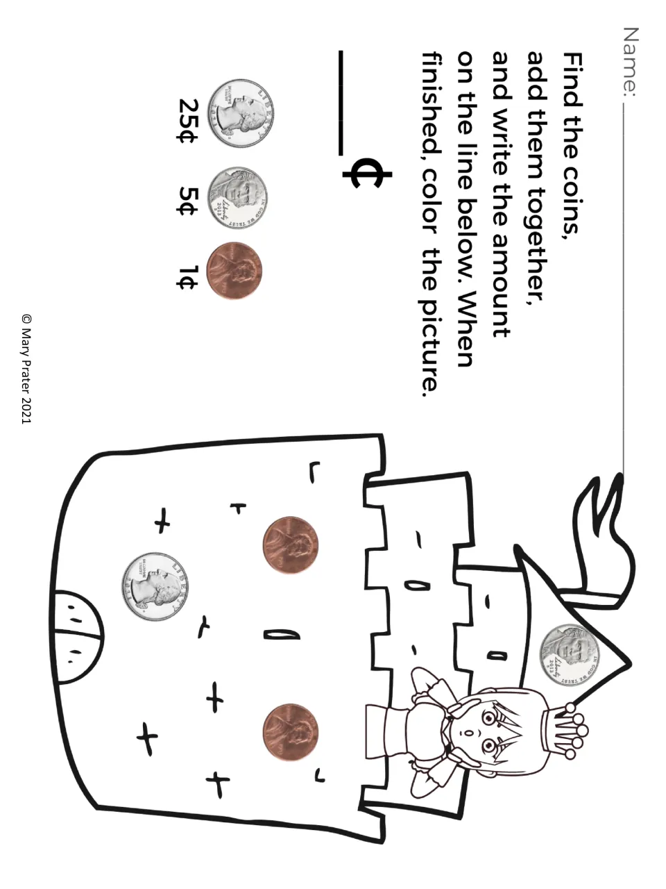Castle and princess coloring page: students find a quarter, a nickel and pennies in the picture and add up the total cents