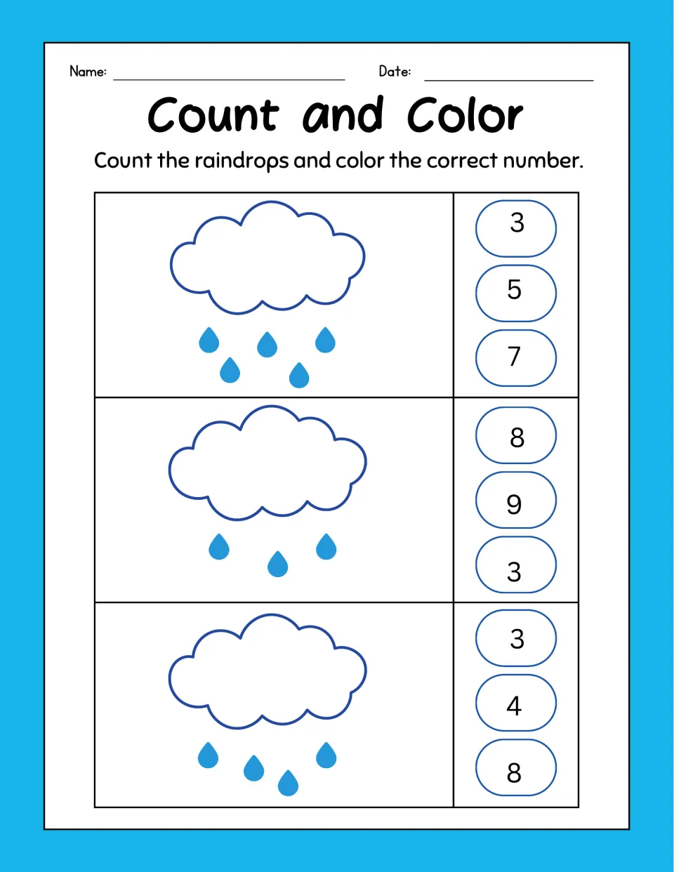 Count and Color: students count 5, 3 and 4 raindrops under three clouds and color the matching number from 3 choices