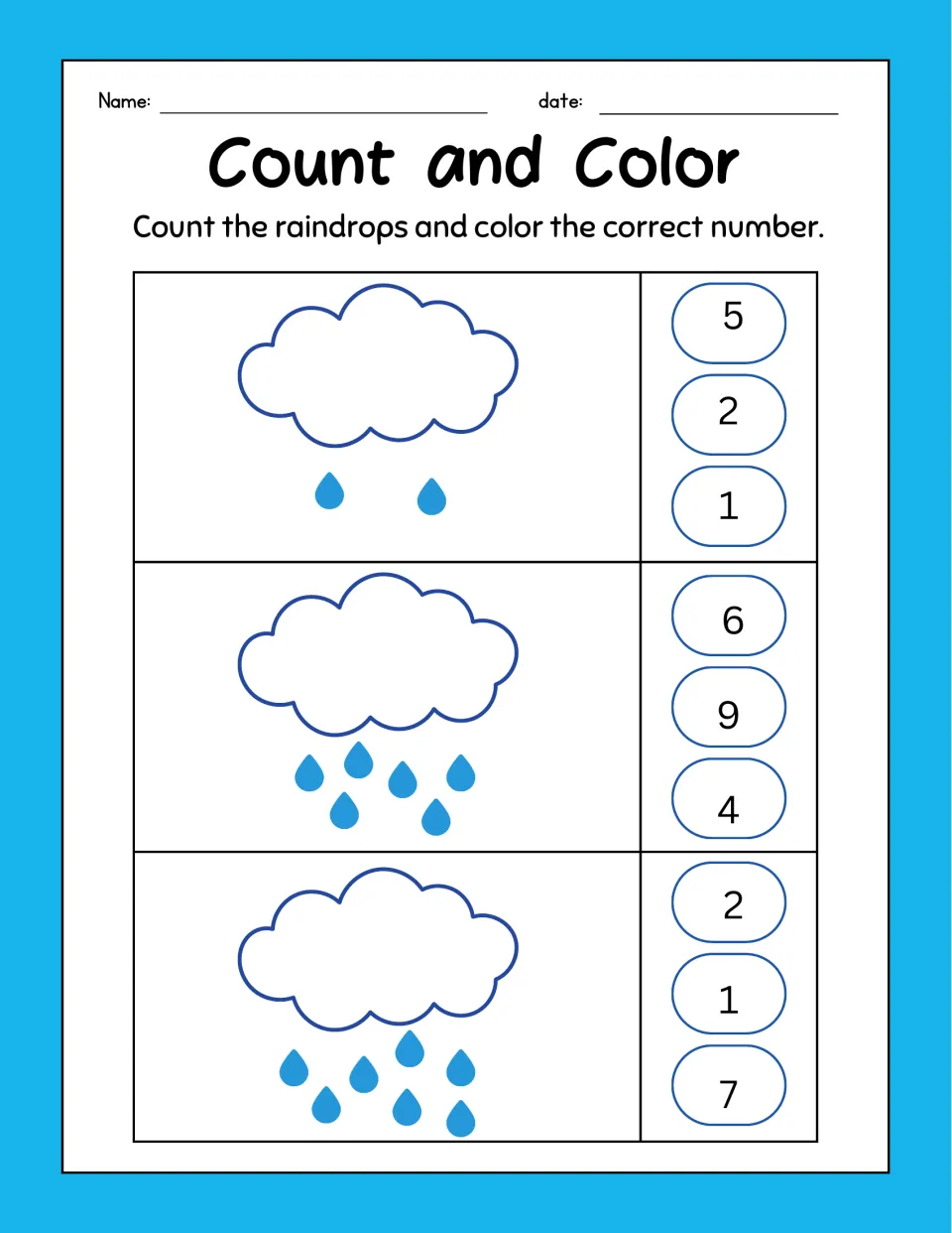 Count and Color: students count 2, 6 and 7 raindrops falling from clouds and color the correct number of 3 options
