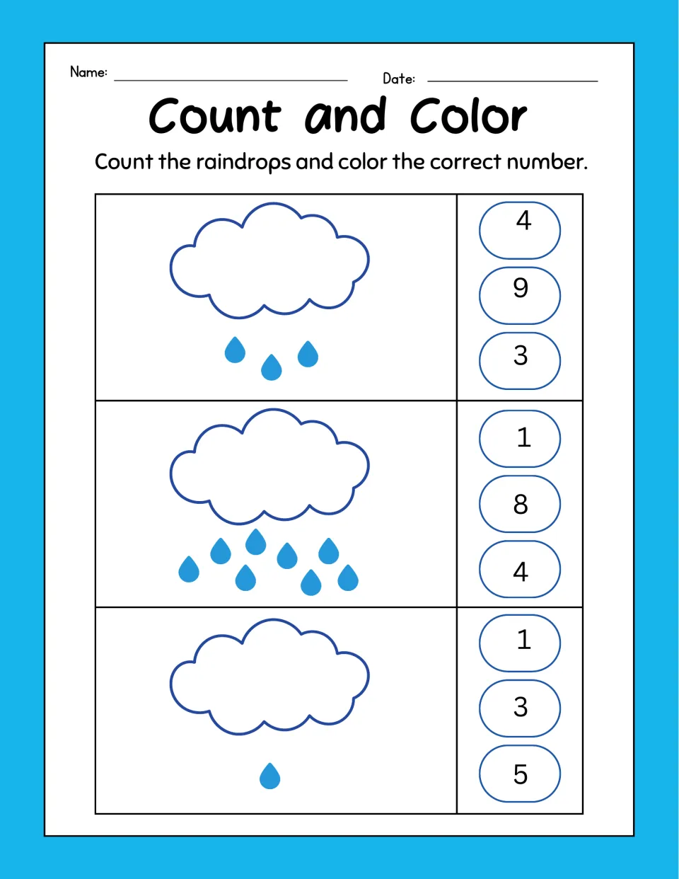 Count and Color: students count 3, 8 and 1 raindrops below each cloud and color the numeral that matches the set