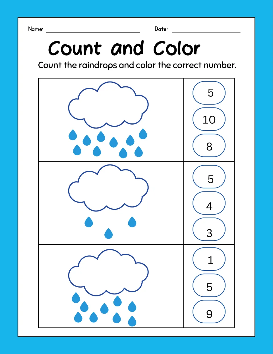 Count and Color: students count 10, 3 and 9 raindrops from rain clouds and color the right numeral, with choices to 10