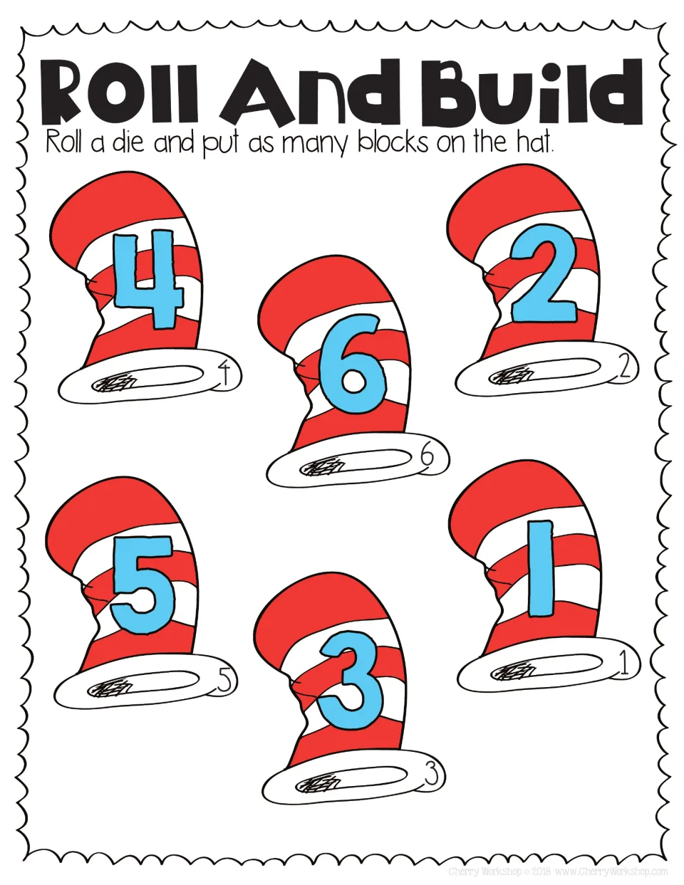 Roll and Build with one die: students roll, then stack that many blocks on striped hats numbered 1 to 6 in blue