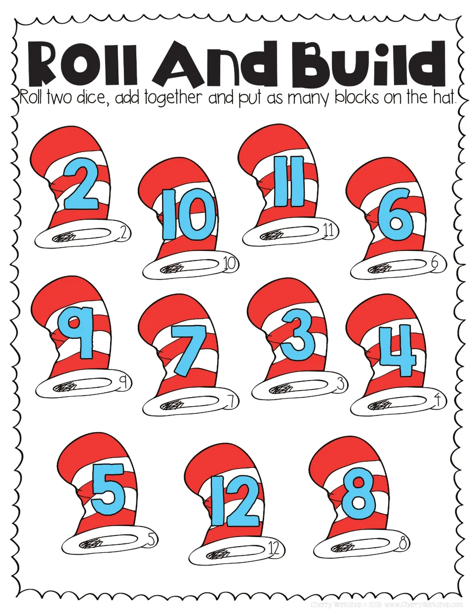 Roll and Build with two dice: students add both dice and stack the sum in blocks on striped hats numbered 2 to 12