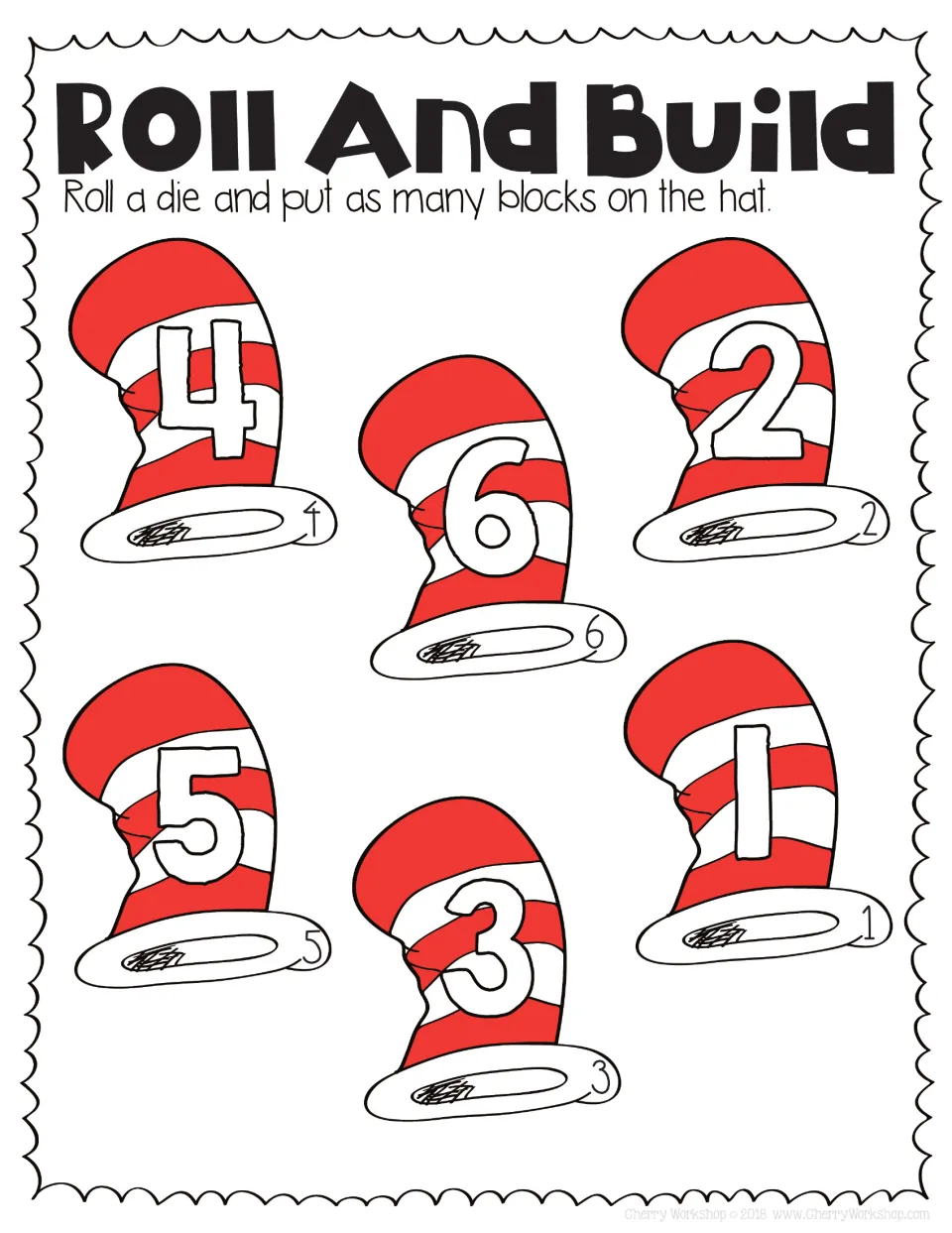Roll and Build in black and white numerals: roll one die and count that many blocks onto hats marked 1 to 6