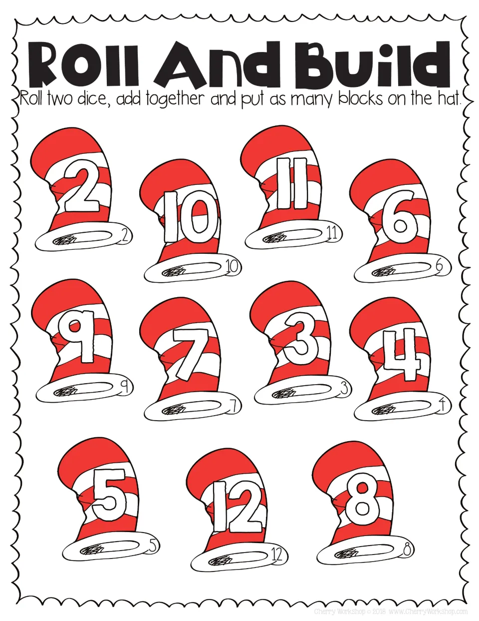 Two-dice Roll and Build with outlined numerals: add the dice, then place the sum in blocks on hats marked 2 to 12