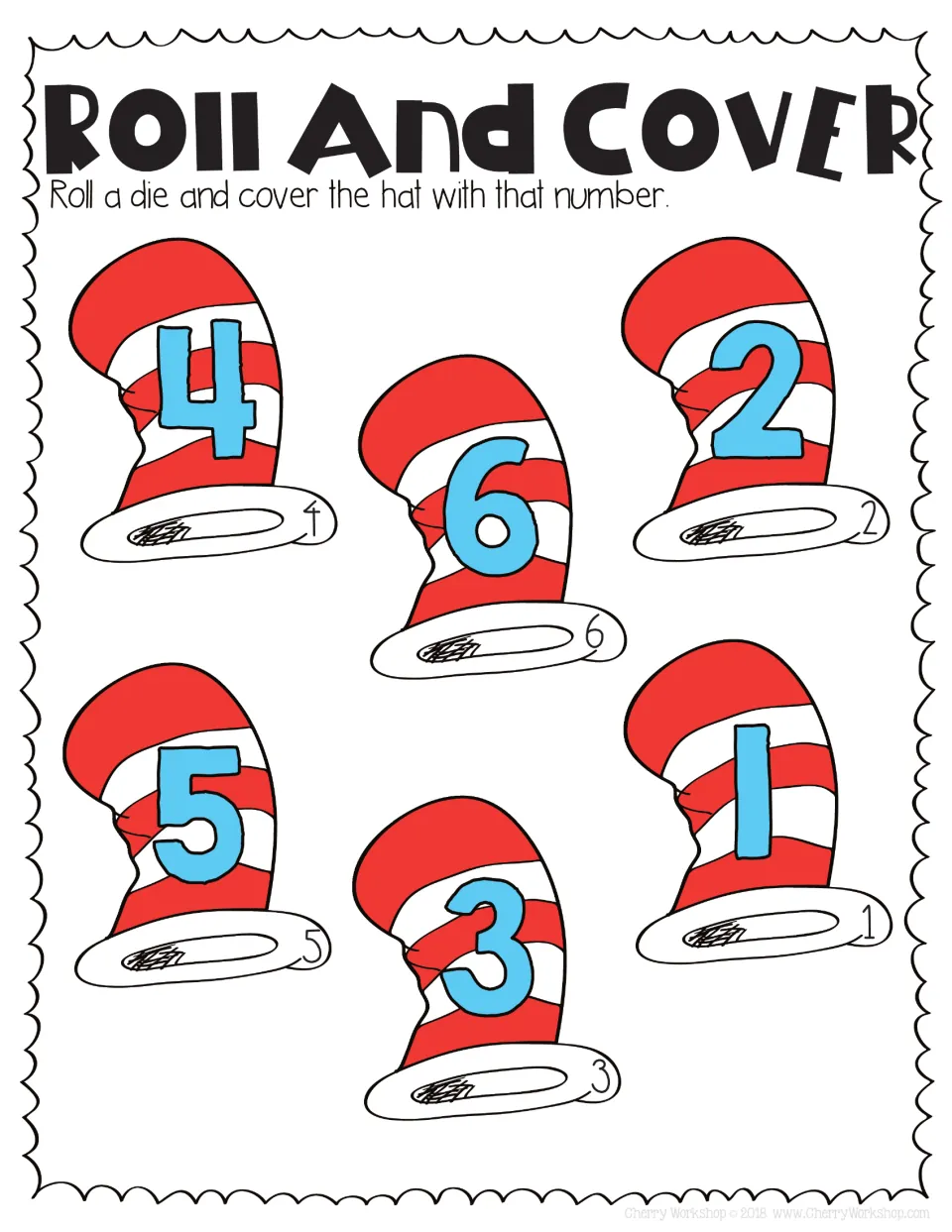 Roll and Cover number recognition: roll one die and cover the striped hat showing that number, 1 to 6 in blue